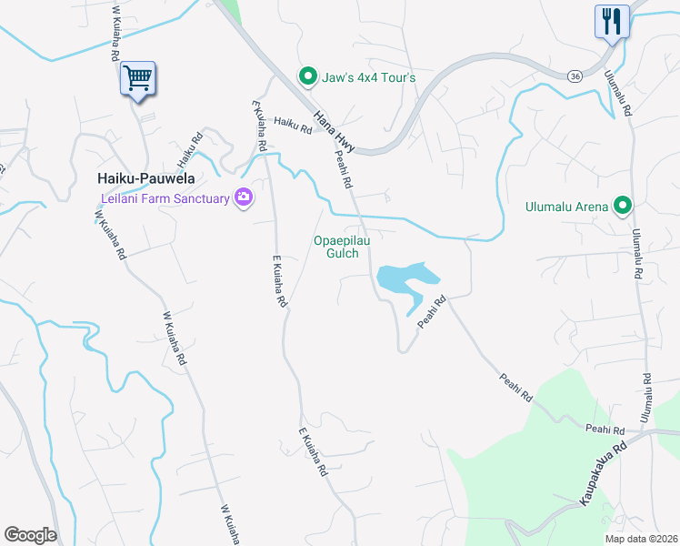 map of restaurants, bars, coffee shops, grocery stores, and more near 44 Aloha Aina Place in Haiku-Pauwela