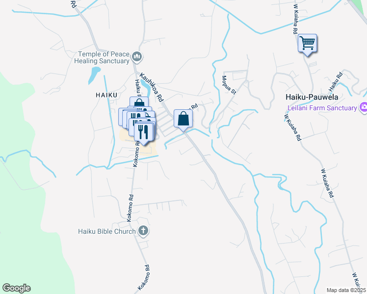 map of restaurants, bars, coffee shops, grocery stores, and more near 2771 Kauhikoalani Place in Haiku-Pauwela