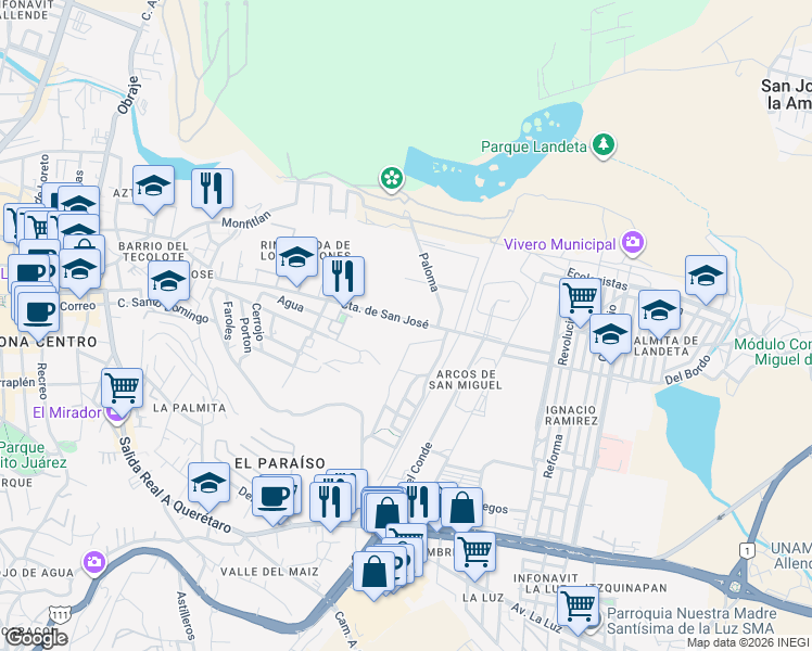map of restaurants, bars, coffee shops, grocery stores, and more near 87 Camino Antiguo Real de Querétaro in San Miguel de Allende