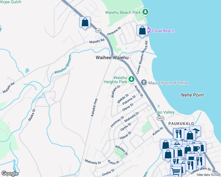 map of restaurants, bars, coffee shops, grocery stores, and more near 821 Aukai Place in Wailuku