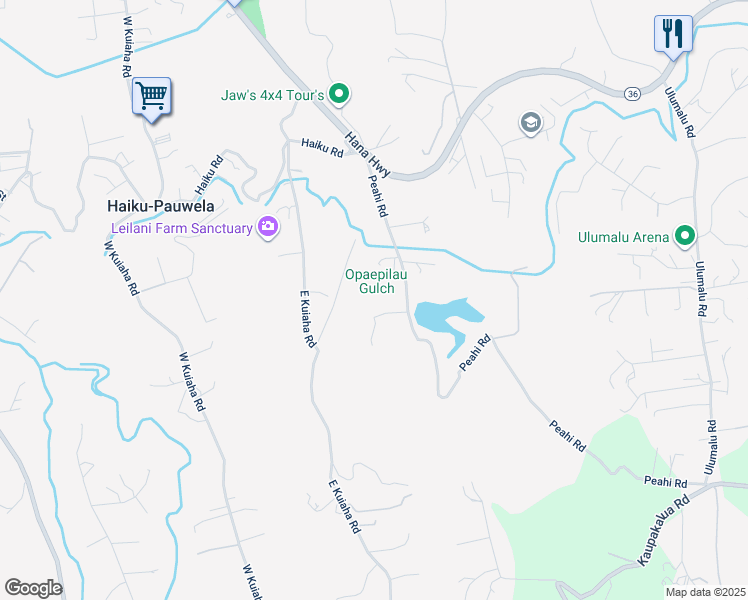 map of restaurants, bars, coffee shops, grocery stores, and more near 44 Aloha Aina Place in Haiku-Pauwela