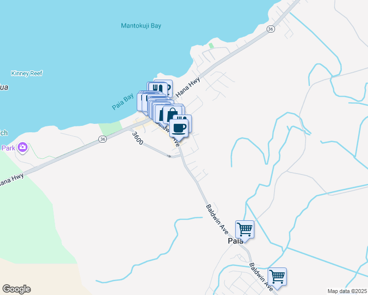 map of restaurants, bars, coffee shops, grocery stores, and more near 129 Baldwin Avenue in Paia