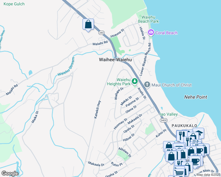 map of restaurants, bars, coffee shops, grocery stores, and more near 822 Aukai Place in Wailuku