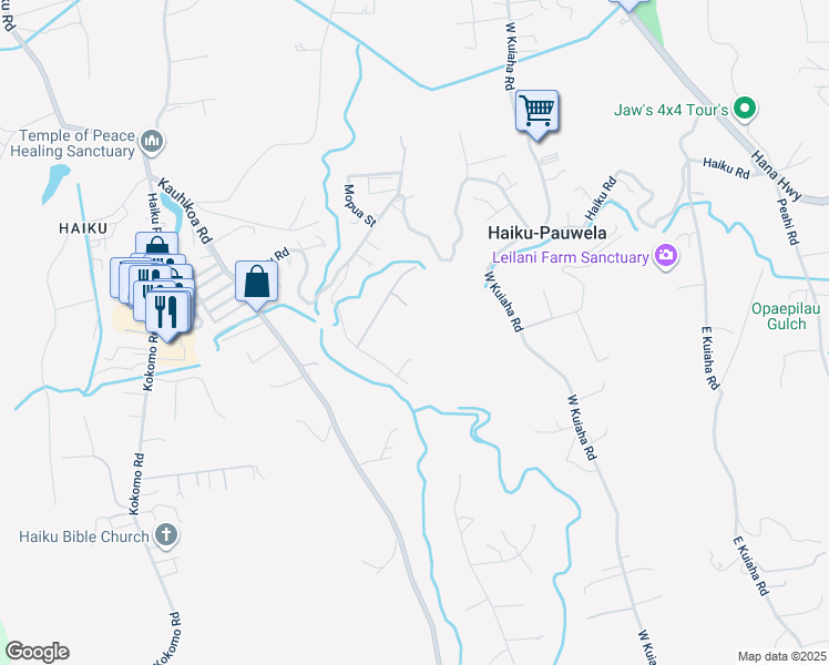 map of restaurants, bars, coffee shops, grocery stores, and more near 965 Hog Back Road in Haiku-Pauwela
