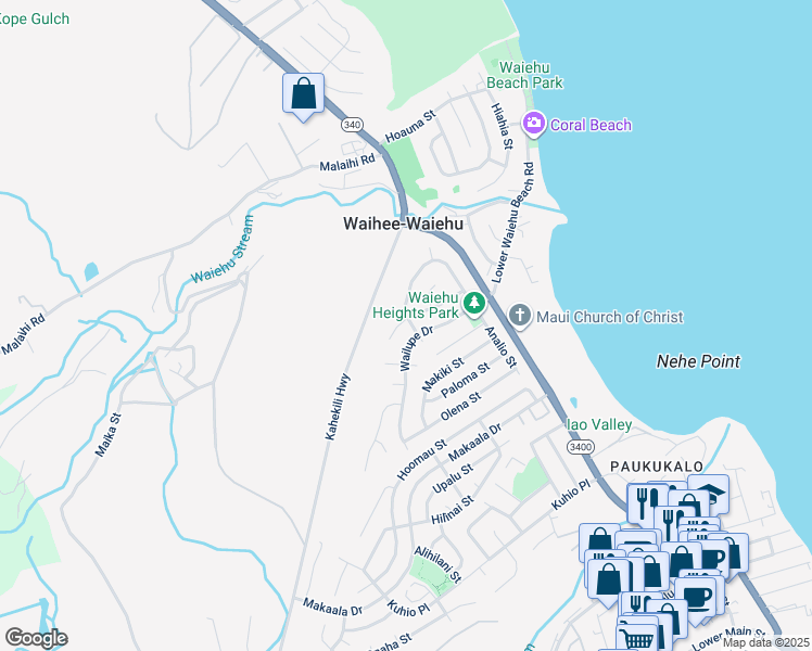 map of restaurants, bars, coffee shops, grocery stores, and more near 805 Aukai Place in Wailuku