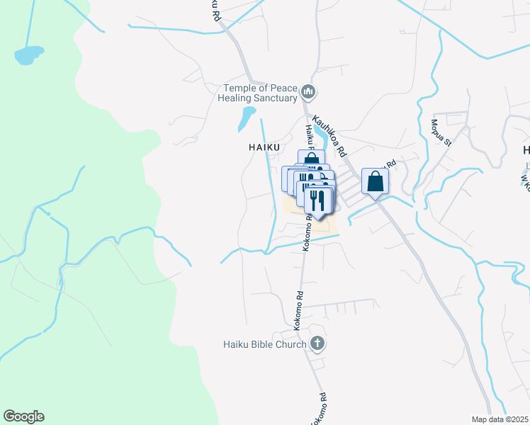 map of restaurants, bars, coffee shops, grocery stores, and more near 599 Auwaha Street in Haiku-Pauwela