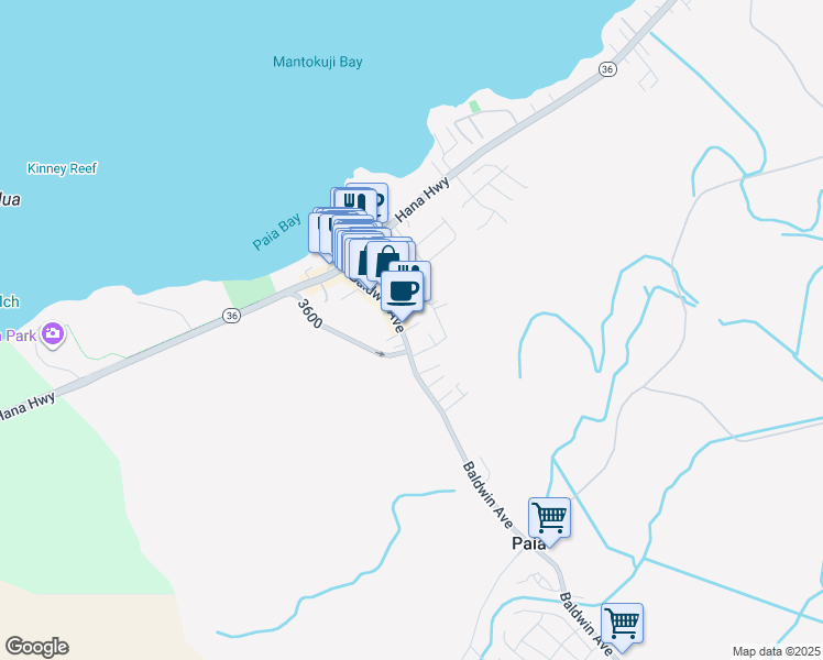 map of restaurants, bars, coffee shops, grocery stores, and more near 123 Baldwin Avenue in Paia