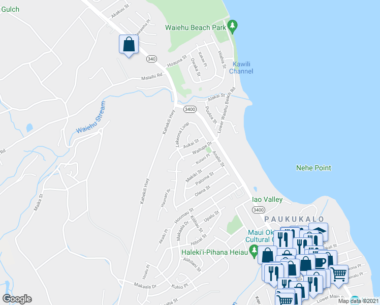 map of restaurants, bars, coffee shops, grocery stores, and more near 782 Wailupe Drive in Wailuku