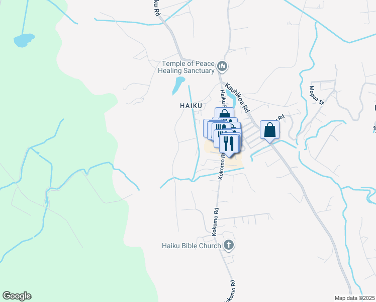 map of restaurants, bars, coffee shops, grocery stores, and more near 599 Auwaha Street in Haiku-Pauwela