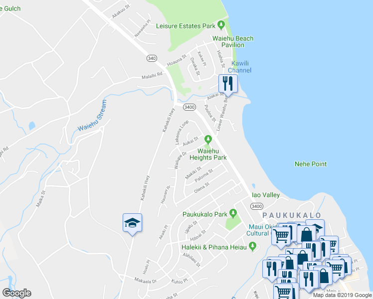 map of restaurants, bars, coffee shops, grocery stores, and more near 786 Wailupe Drive in Wailuku