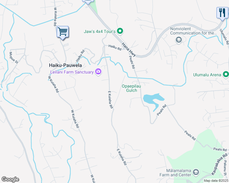 map of restaurants, bars, coffee shops, grocery stores, and more near 385 East Kuiaha Road in Haiku-Pauwela