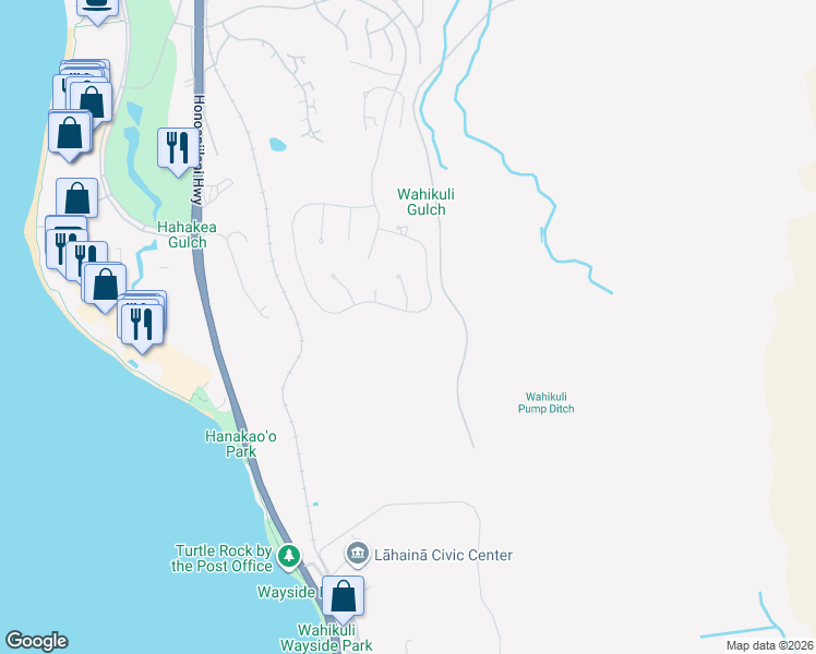 map of restaurants, bars, coffee shops, grocery stores, and more near 484 Anapuni Loop in Lahaina