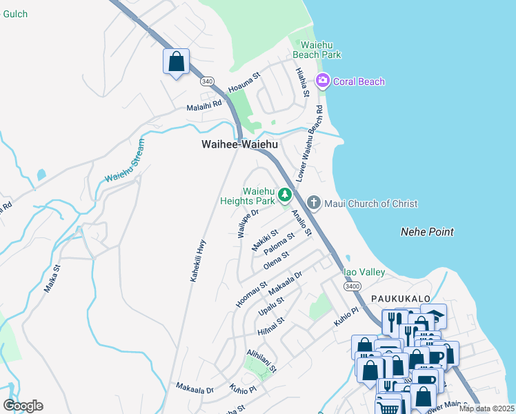 map of restaurants, bars, coffee shops, grocery stores, and more near 782 Wailupe Drive in Wailuku