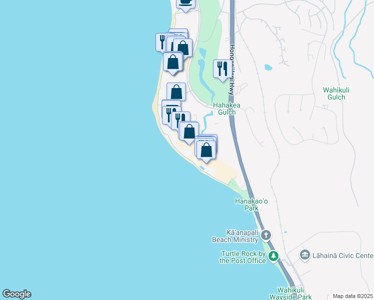 map of restaurants, bars, coffee shops, grocery stores, and more near 96 Nohea Kai Drive in Lahaina