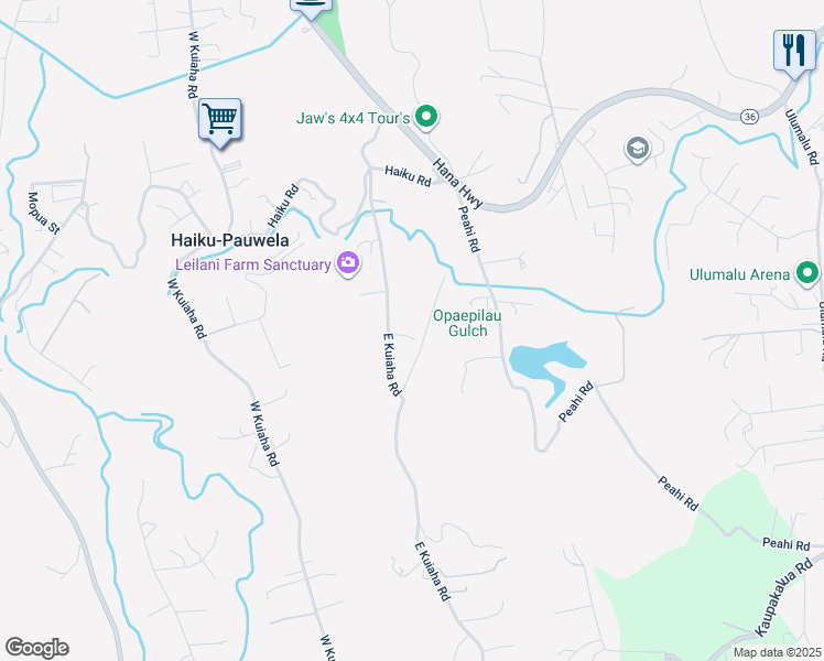 map of restaurants, bars, coffee shops, grocery stores, and more near 385 East Kuiaha Road in Haiku-Pauwela
