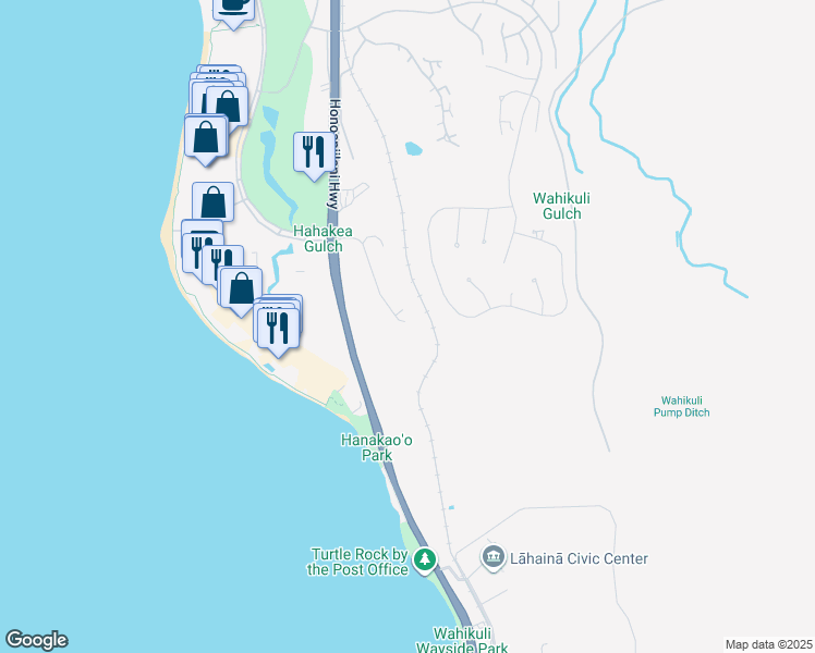 map of restaurants, bars, coffee shops, grocery stores, and more near 166 Halelo Street in Lahaina