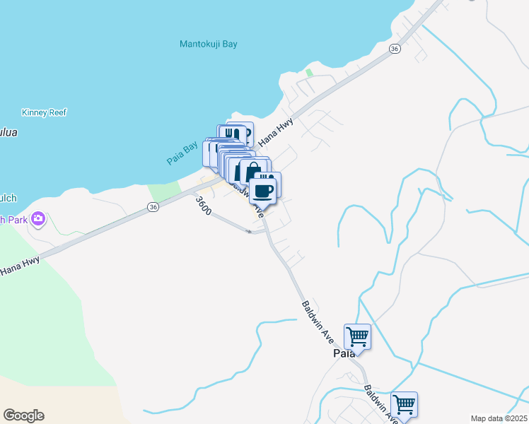 map of restaurants, bars, coffee shops, grocery stores, and more near 109 Baldwin Avenue in Paia