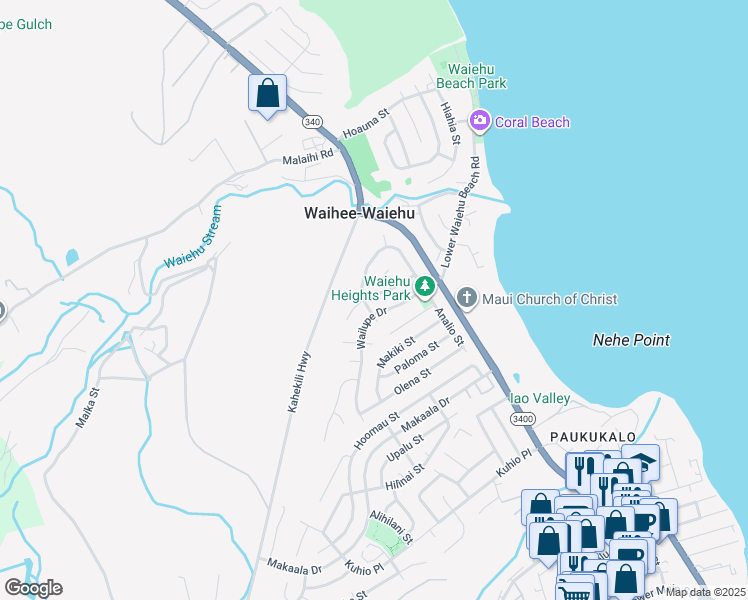 map of restaurants, bars, coffee shops, grocery stores, and more near 785 Aukai Street in Wailuku