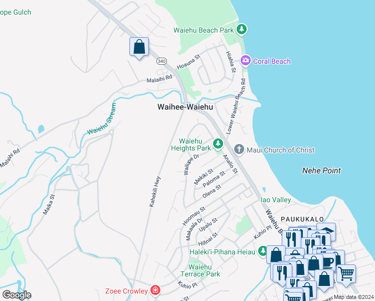 map of restaurants, bars, coffee shops, grocery stores, and more near 1057 Aukai Street in Wailuku