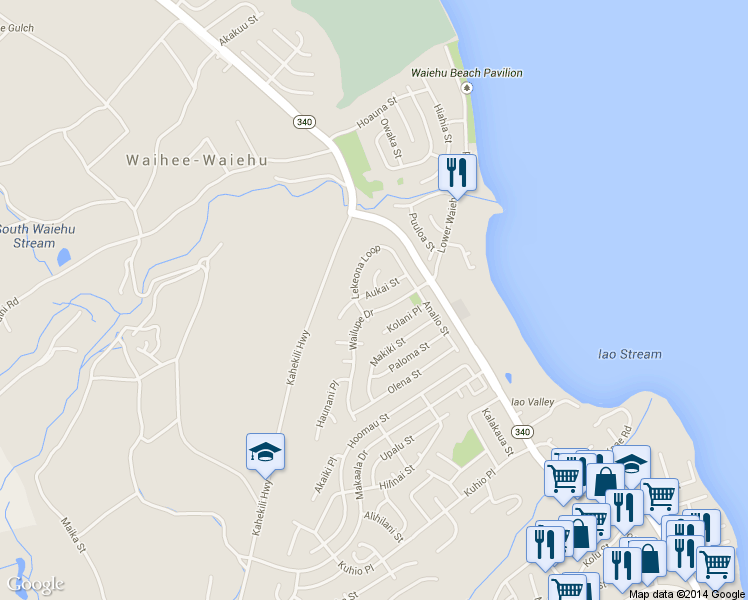 map of restaurants, bars, coffee shops, grocery stores, and more near 771 Aukai Street in Wailuku
