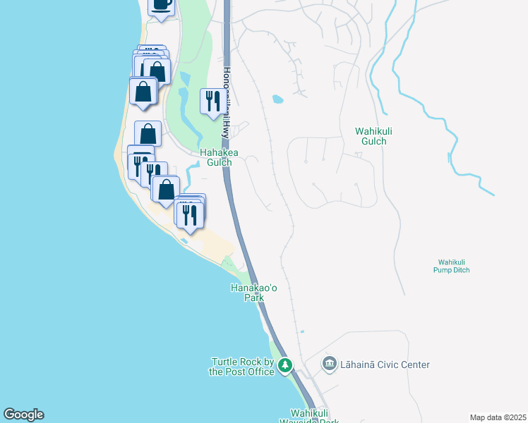map of restaurants, bars, coffee shops, grocery stores, and more near 154 Halelo Street in Lahaina