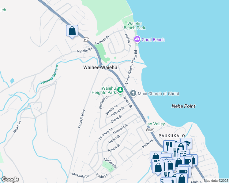 map of restaurants, bars, coffee shops, grocery stores, and more near 744 Wailupe Drive in Wailuku
