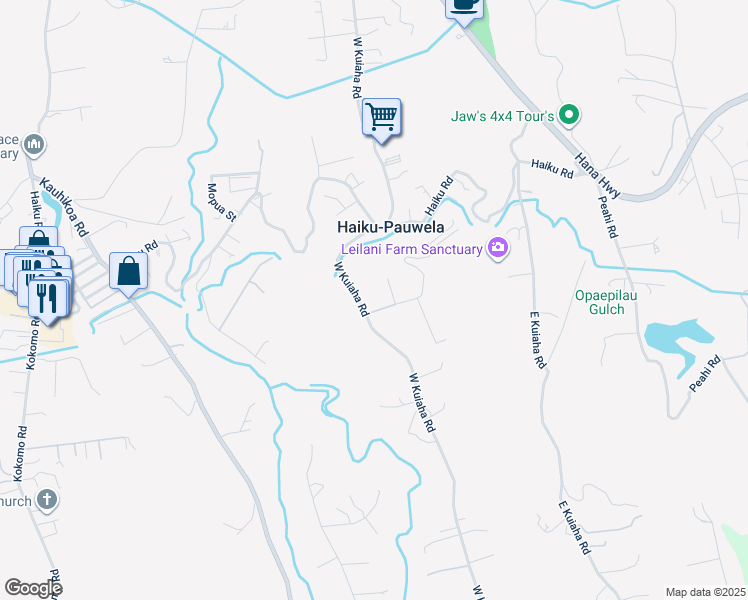 map of restaurants, bars, coffee shops, grocery stores, and more near 15 Mauu Place in Haiku-Pauwela