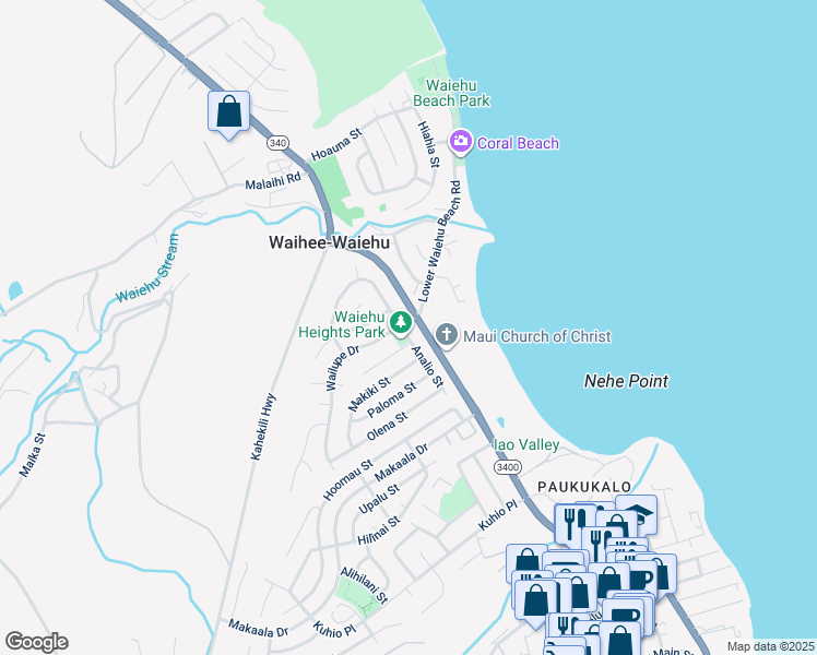 map of restaurants, bars, coffee shops, grocery stores, and more near 711 Wailupe Drive in Wailuku