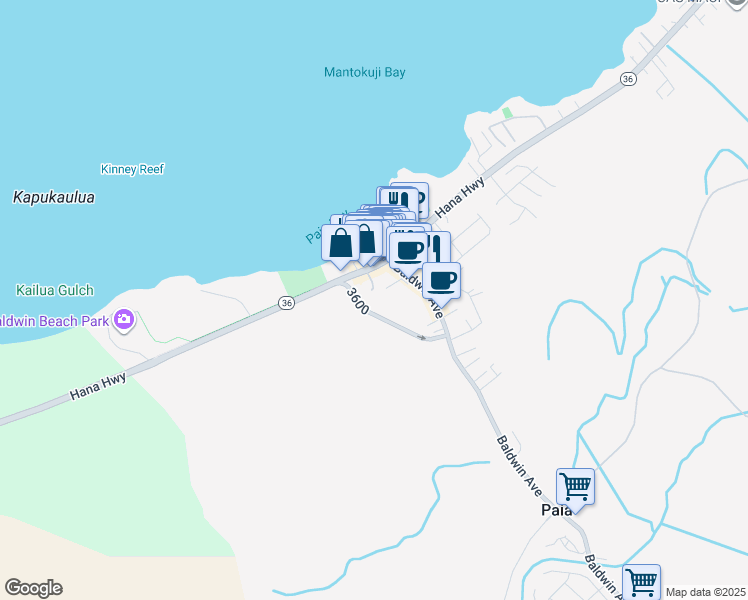 map of restaurants, bars, coffee shops, grocery stores, and more near 62 Hana Highway in Paia