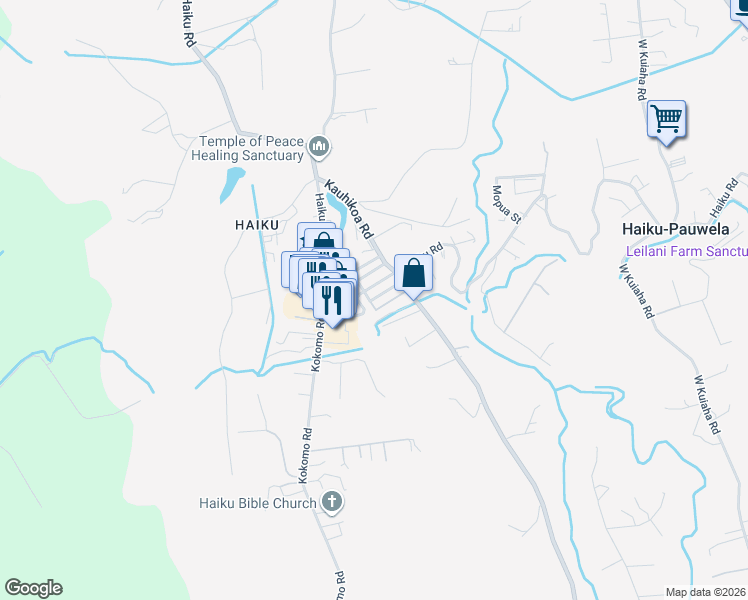 map of restaurants, bars, coffee shops, grocery stores, and more near 953 Kahealani Street in Haiku-Pauwela