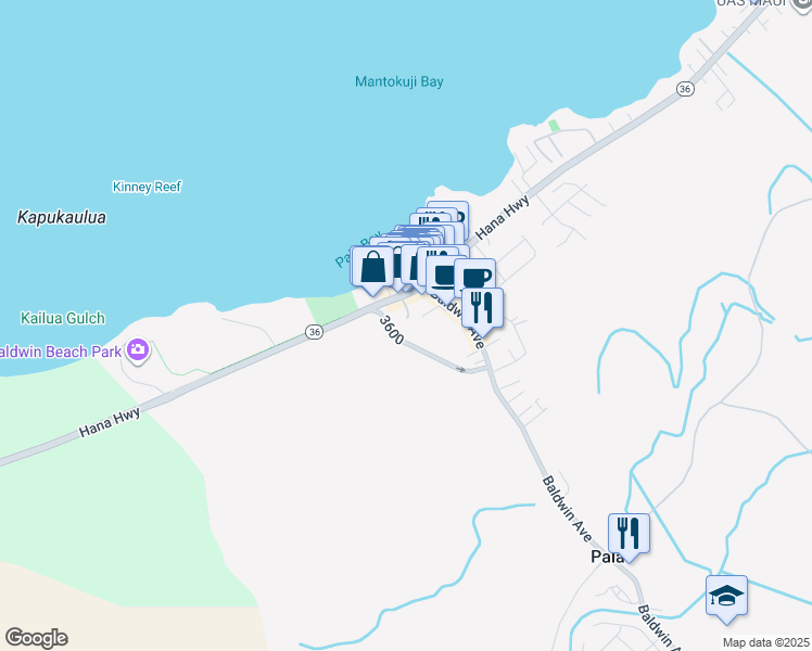 map of restaurants, bars, coffee shops, grocery stores, and more near 62 Hana Highway in Paia