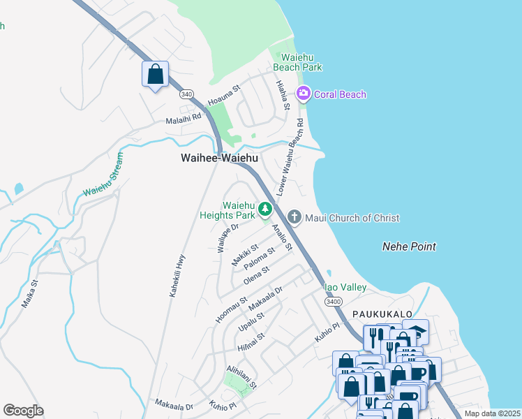 map of restaurants, bars, coffee shops, grocery stores, and more near 726 Wailupe Drive in Wailuku