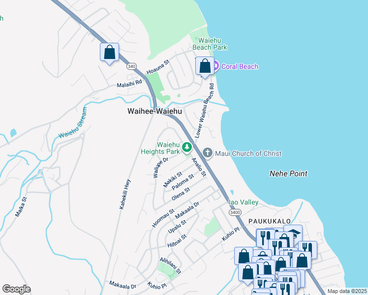 map of restaurants, bars, coffee shops, grocery stores, and more near 726 Wailupe Drive in Wailuku