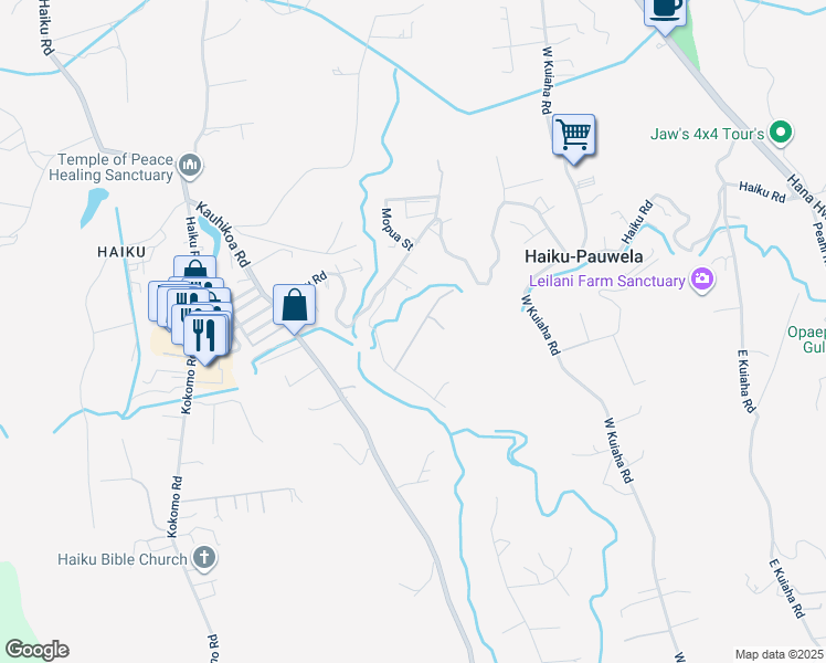 map of restaurants, bars, coffee shops, grocery stores, and more near 859 Hog Back Road in Haiku-Pauwela