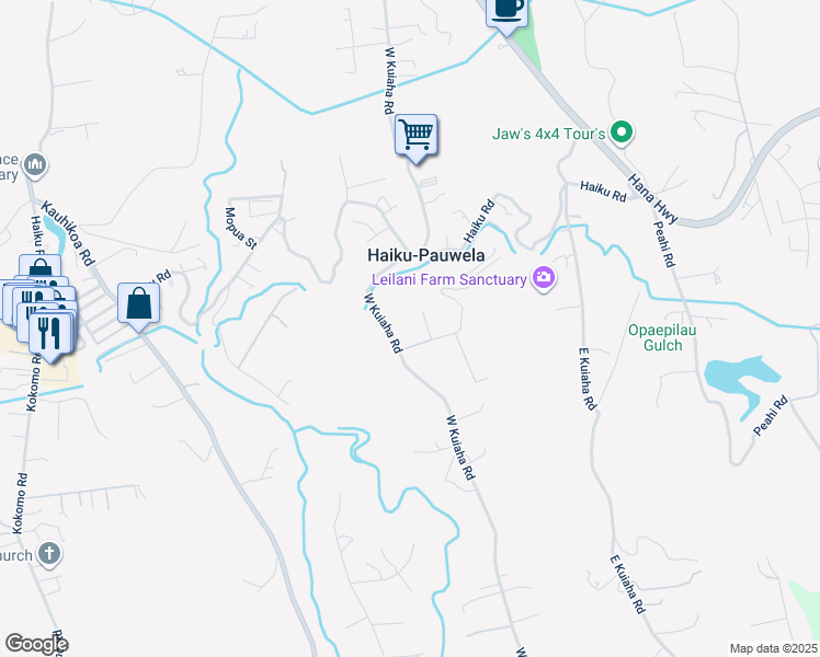 map of restaurants, bars, coffee shops, grocery stores, and more near 15 Mauu Place in Haiku-Pauwela