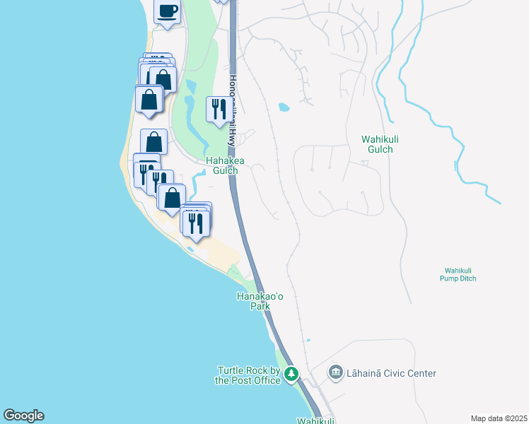 map of restaurants, bars, coffee shops, grocery stores, and more near 134 Halelo Street in Lahaina