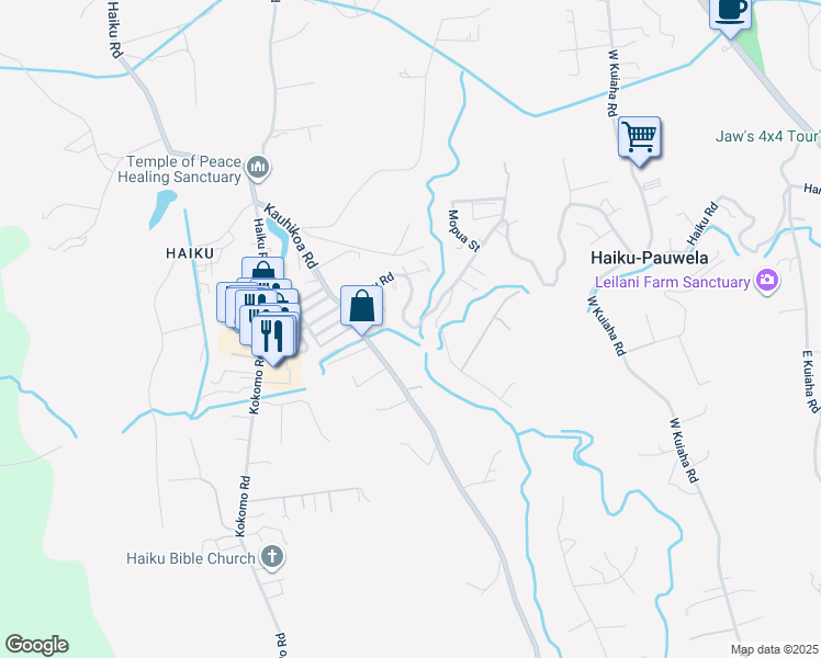 map of restaurants, bars, coffee shops, grocery stores, and more near 1060 Haiku Road in Haiku-Pauwela