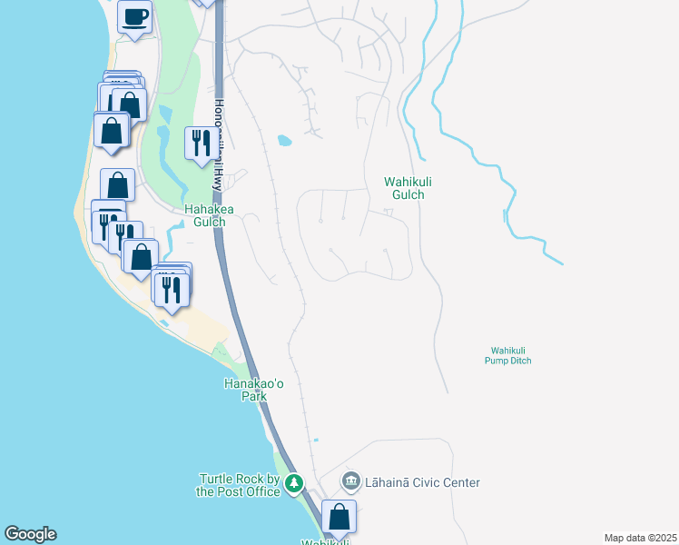 map of restaurants, bars, coffee shops, grocery stores, and more near 9 Keahilele Place in Lahaina