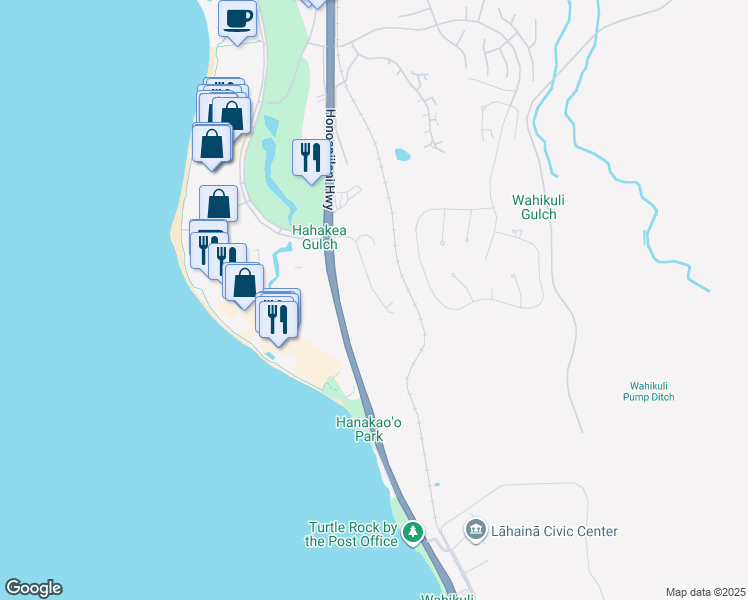 map of restaurants, bars, coffee shops, grocery stores, and more near 134 Halelo Street in Lahaina