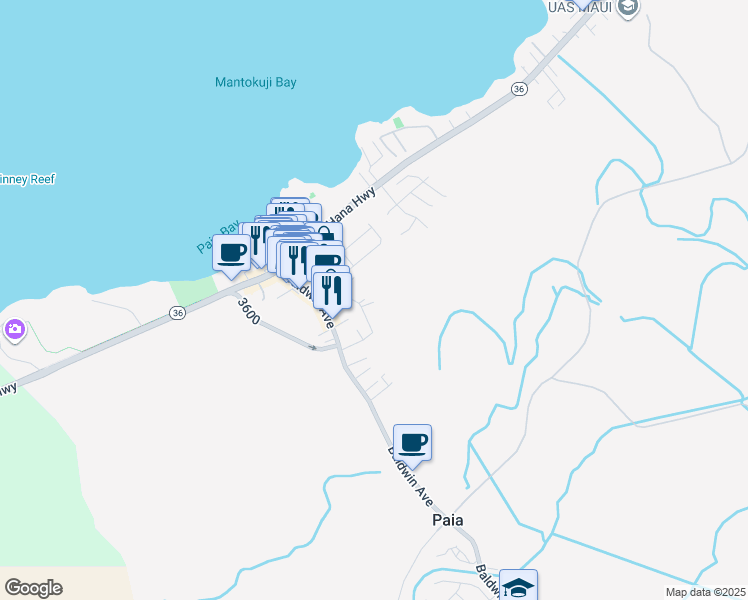 map of restaurants, bars, coffee shops, grocery stores, and more near 118 Ulumau Place in Paia
