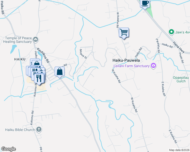 map of restaurants, bars, coffee shops, grocery stores, and more near 917 Hog Back Road in Haiku-Pauwela