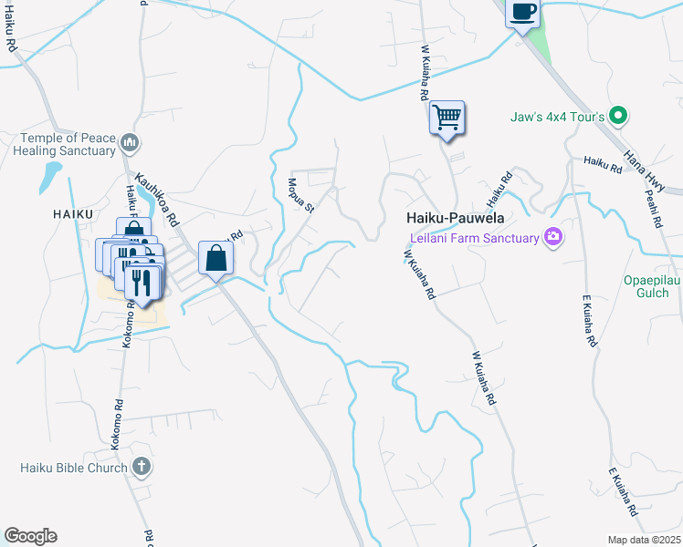 map of restaurants, bars, coffee shops, grocery stores, and more near 917 Hog Back Road in Haiku-Pauwela