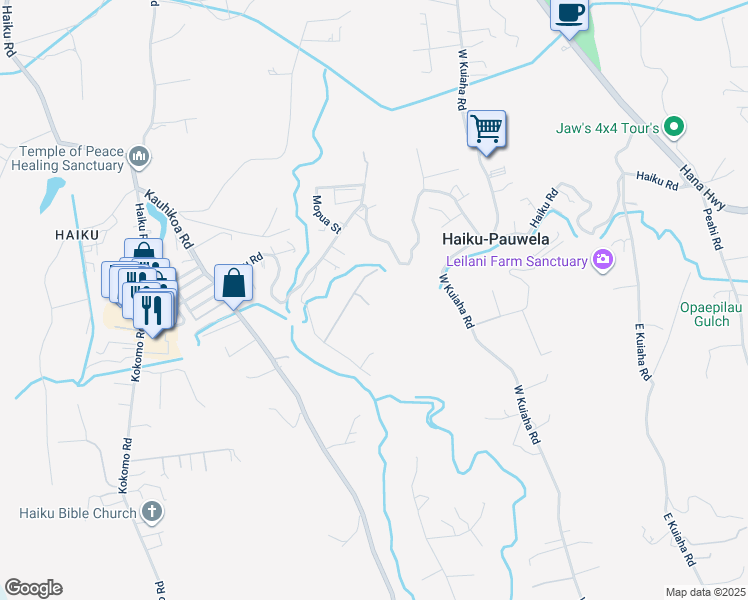 map of restaurants, bars, coffee shops, grocery stores, and more near 917 Hog Back Road in Haiku-Pauwela