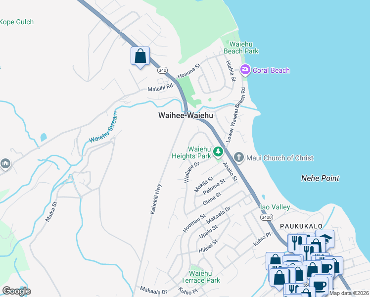 map of restaurants, bars, coffee shops, grocery stores, and more near 974 Lekeona Loop in Wailuku