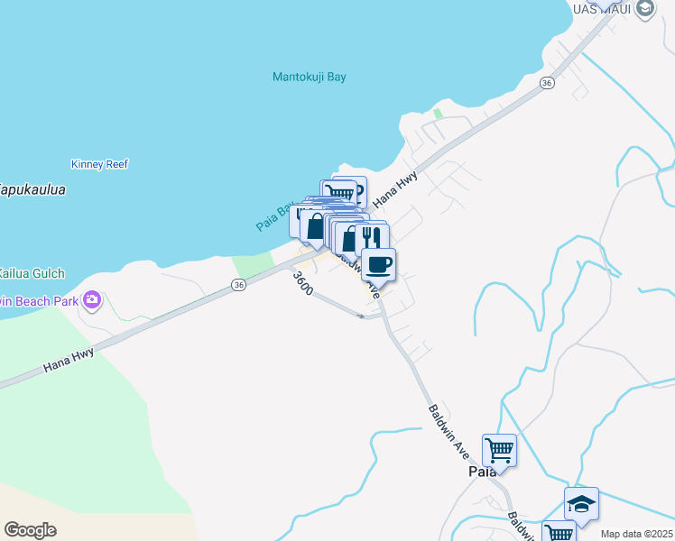 map of restaurants, bars, coffee shops, grocery stores, and more near 21 Akoni Place in Paia