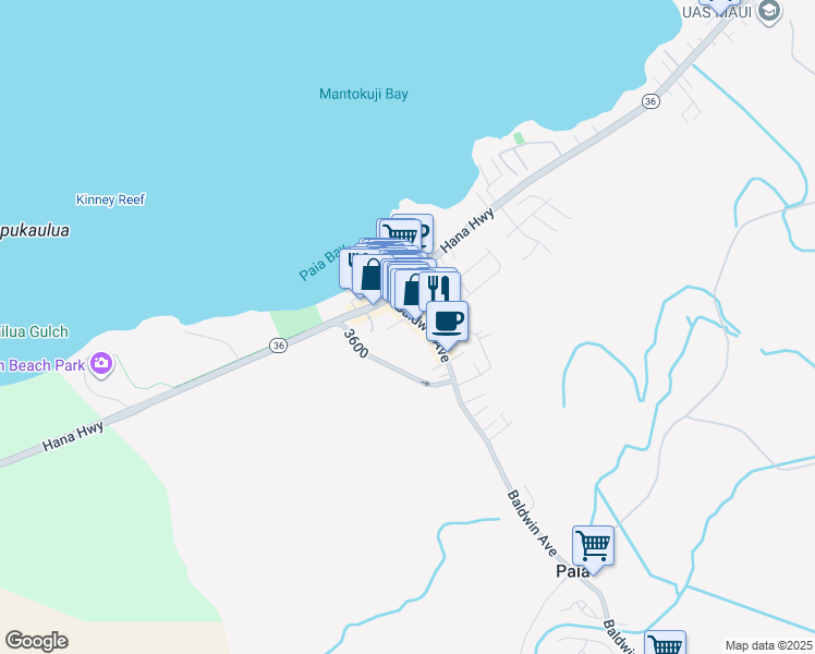 map of restaurants, bars, coffee shops, grocery stores, and more near 48 Lei Place in Paia