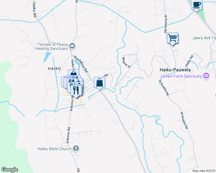 map of restaurants, bars, coffee shops, grocery stores, and more near 47 Hale Lio Place in Haiku-Pauwela