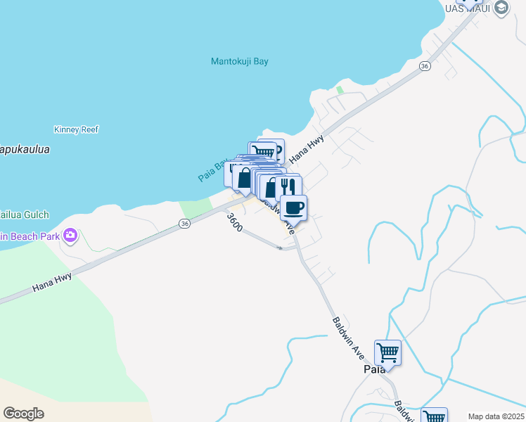 map of restaurants, bars, coffee shops, grocery stores, and more near 17 Akoni Place in Paia
