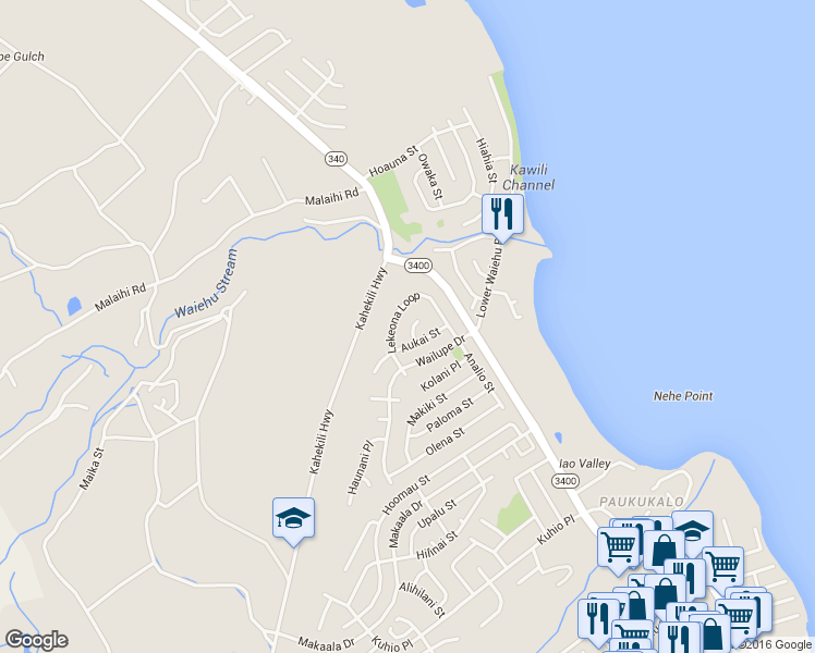 map of restaurants, bars, coffee shops, grocery stores, and more near 885 Noela Place in Wailuku