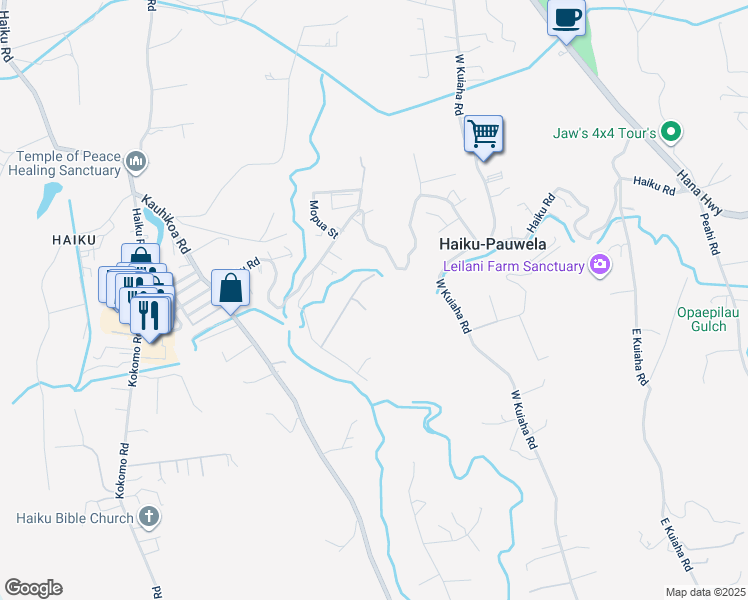 map of restaurants, bars, coffee shops, grocery stores, and more near 917 Hog Back Road in Haiku-Pauwela